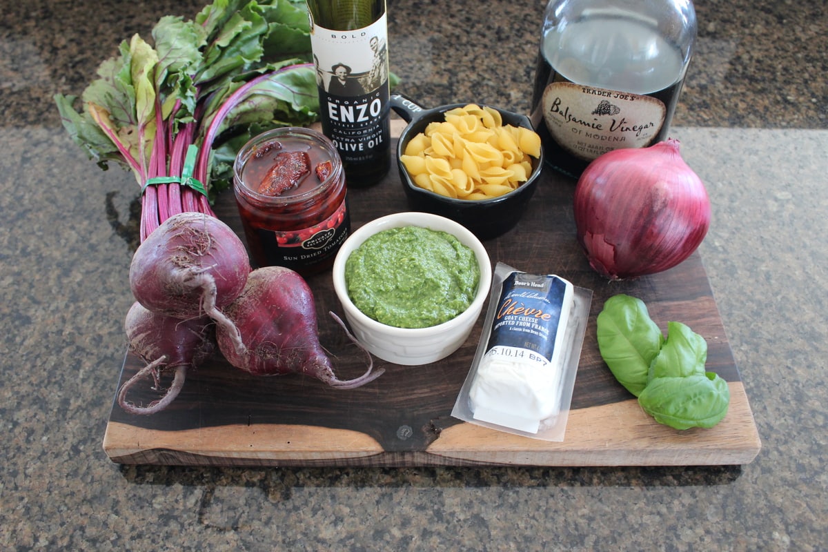 Beet & Goat Cheese Pesto Pasta Salad Ingredients