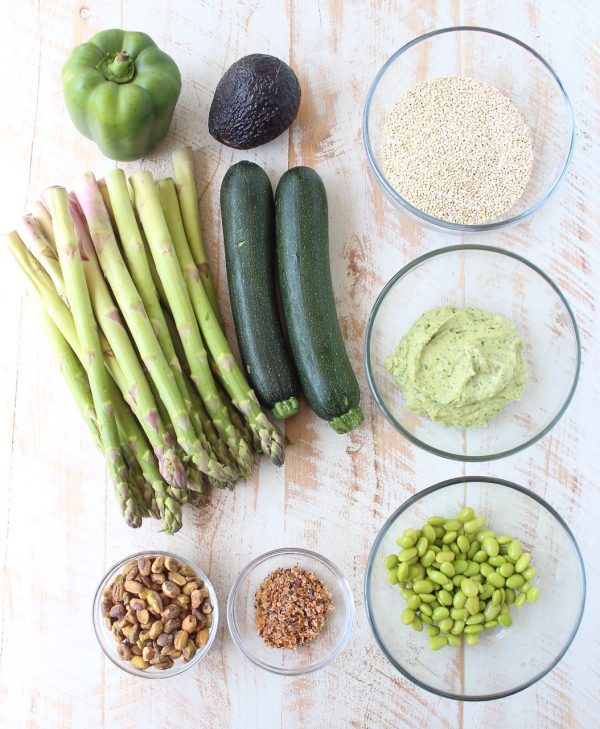 The Green Vegan Buddha Bowl is filled with grilled veggies, green tahini sauce, avocado & quinoa for a healthy, filling meal that's also gluten free!