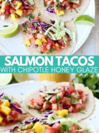 salmon tacos on plate topped with mango salsa