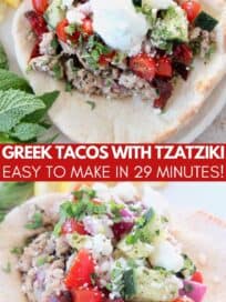 ground turkey meat and tomato salsa in pita bread on plate