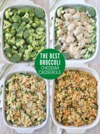 collage of images showing how to make broccoli cheddar casserole