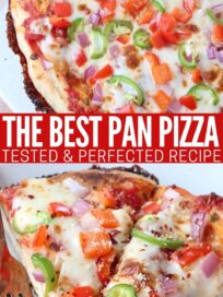 Whole cooked pizza and two slices of pizza on a plate with fork