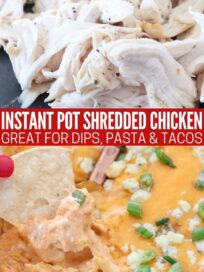 shredded chicken on cutting board and in buffalo chicken dip with a tortilla chip