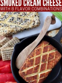 smoked cream cheese in skillet with wood serving spoon
