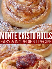 monte cristo rolls on plate topped with powdered sugar and raspberry jam