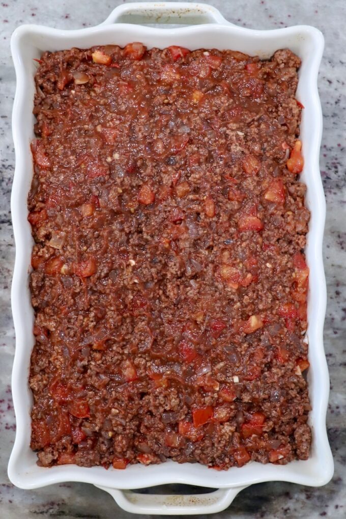 tomato meat sauce in casserole dish