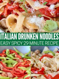 cooked noodles in bowl with bell peppers and italian sausage, and in pot on the stove