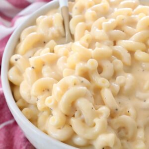 macaroni and cheese in bowl with fork