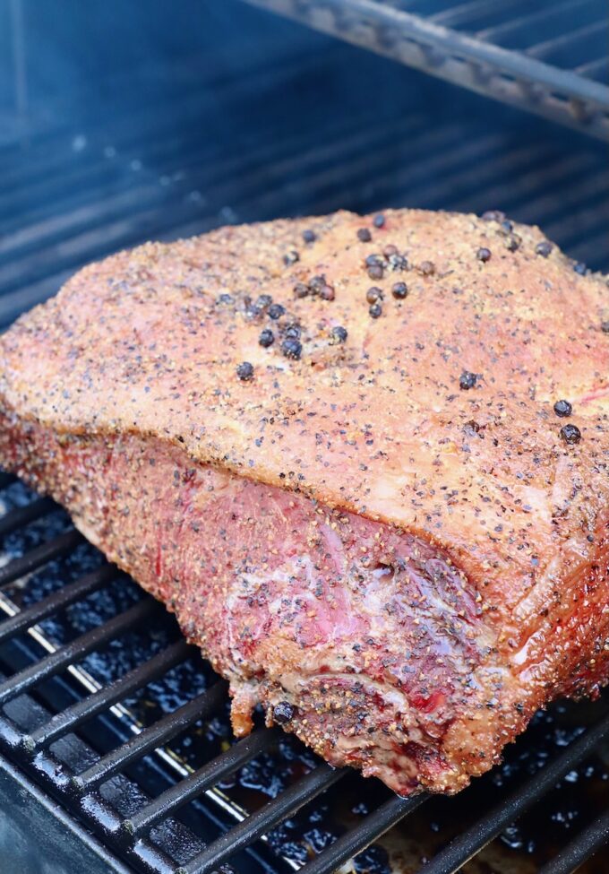 seasoned strip roast on smoker